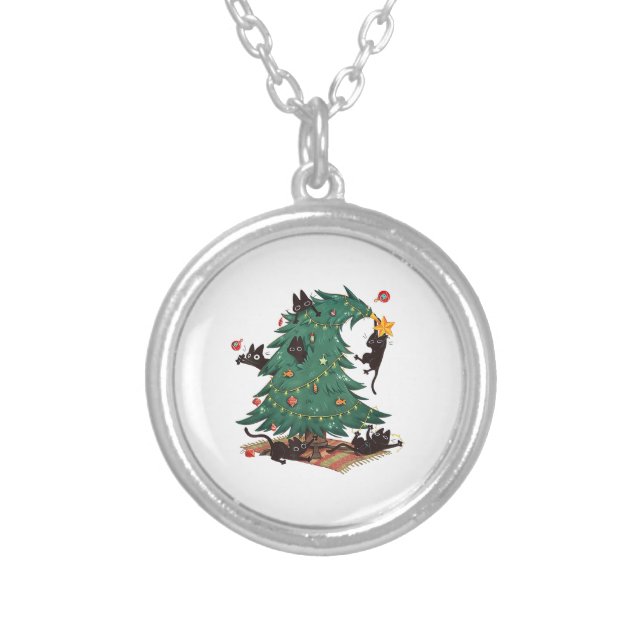 Christmas Tree and Cat Cute Christmas Cat Lover Silver Plated Necklace (Front)