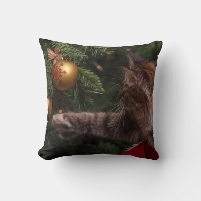 Christmas Tree And Cat Throw Pillow (Front)