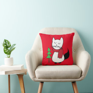 Christmas Tree and Cute Cat Throw Pillow