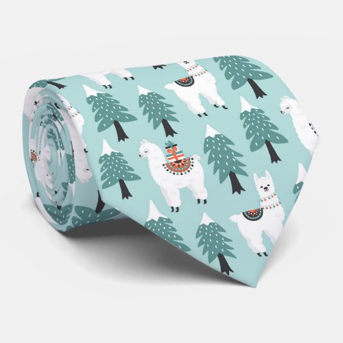 Christmas tree and cute lama pattern neck tie