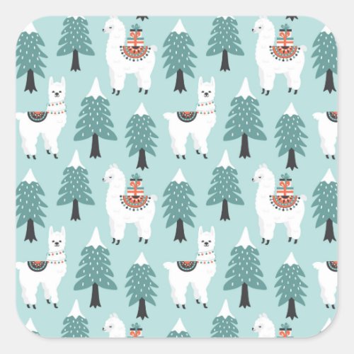 Christmas tree and cute lama pattern square sticker