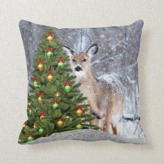 Christmas Tree and Deer Holiday Wildlife Throw Pillow