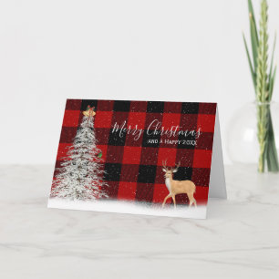 Christmas Tree  And Deer on Plaid Card