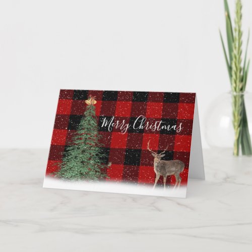 Christmas Tree and Deer on Plaid Card