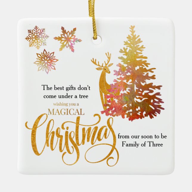 Christmas Tree and Deer Soon to be Family of Three Ceramic Ornament (Front)