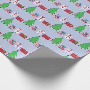 Christmas Tree and Gifts on Light Blue Wrapping Paper