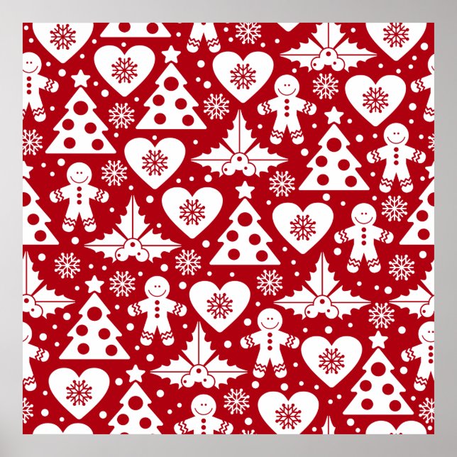 Christmas Tree and Gingerbread Man Pattern on Red Poster (Front)
