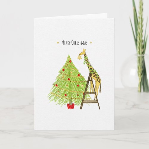 Christmas Tree and Giraffe on a Ladder Holiday Card
