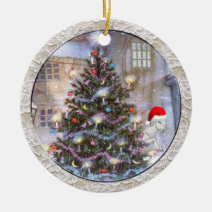 Christmas Tree and Goat in Santa Hat Ceramic Ornament