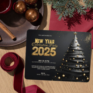 Christmas Tree and Gold Ornaments Modern New Year Invitation