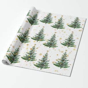 Christmas Tree and Gold Stars Wrapping Paper