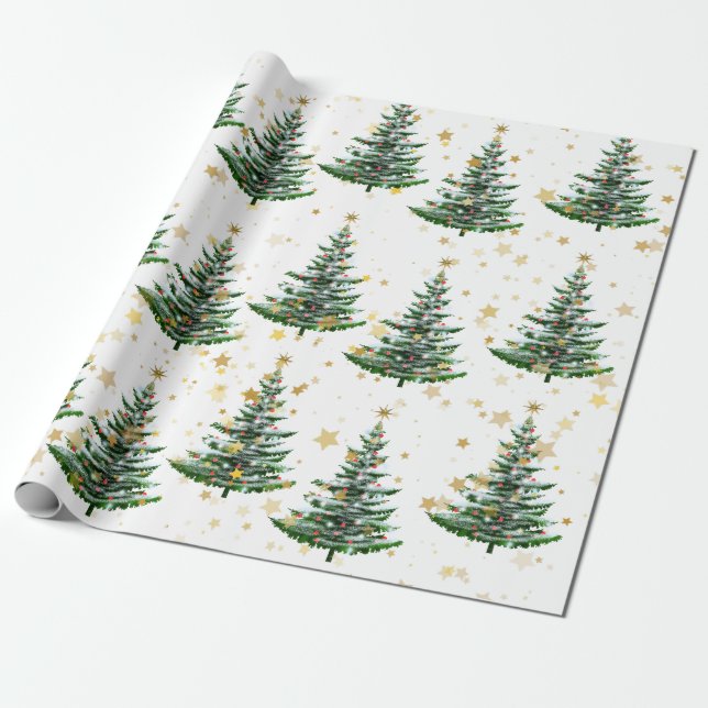 Christmas Tree and Gold Stars Wrapping Paper (Unrolled)