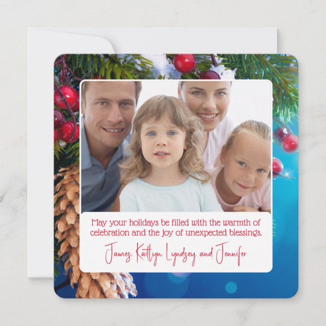 Christmas Tree and Holly Customizable Family Photo Holiday Card (Front)