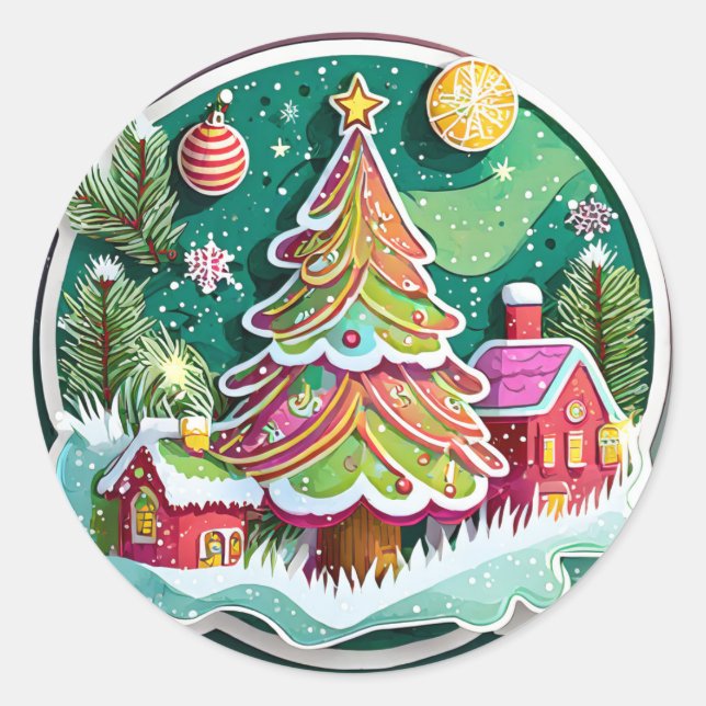 Christmas Tree and Huts Classic Round Sticker (Front)