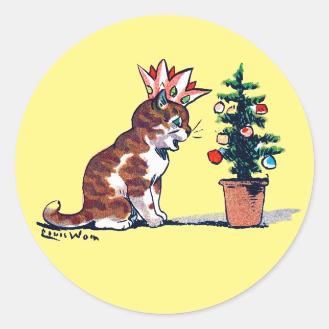 Christmas Tree and Kitten, Louis Wain Classic Round Sticker (Front)