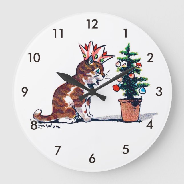Christmas Tree and Kitten, Louis Wain Large Clock (Front)