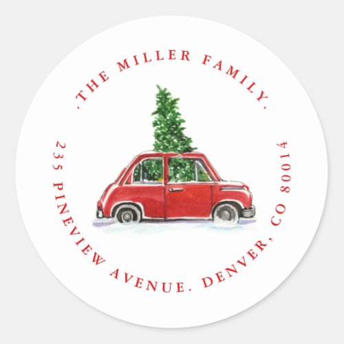 Christmas Tree and Little Red Car Holiday Address  Classic Round Sticker