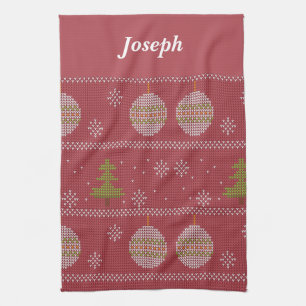 Christmas tree and ornament woven red kitchen towel