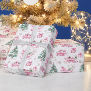 Christmas Tree And Pink Santa Sleigh Wrapping Paper