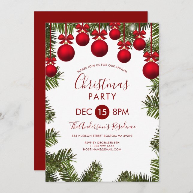 Christmas Tree And Red Balls Invitation (Front/Back)