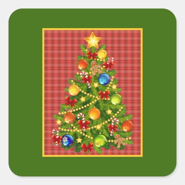 Christmas Tree and Red Plaid Square Sticker (Front)