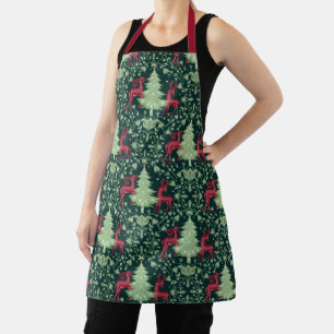 Christmas Tree and Reindeer -Folk Art - Green Apron