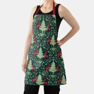 Christmas Tree and Reindeer -Folk Art - Green Apron