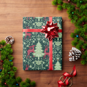 Christmas Tree and Reindeer -Folk Art - Green Wrapping Paper