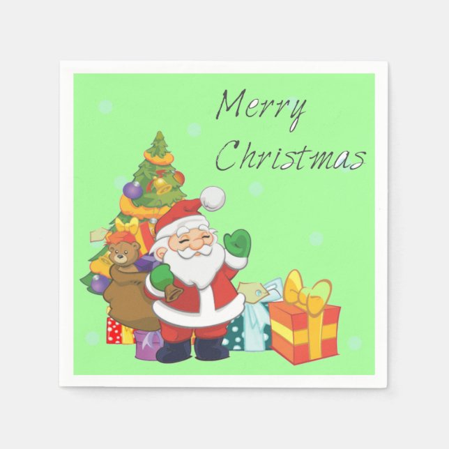 Christmas tree and Santa Merry Christmas green Napkins (Front)