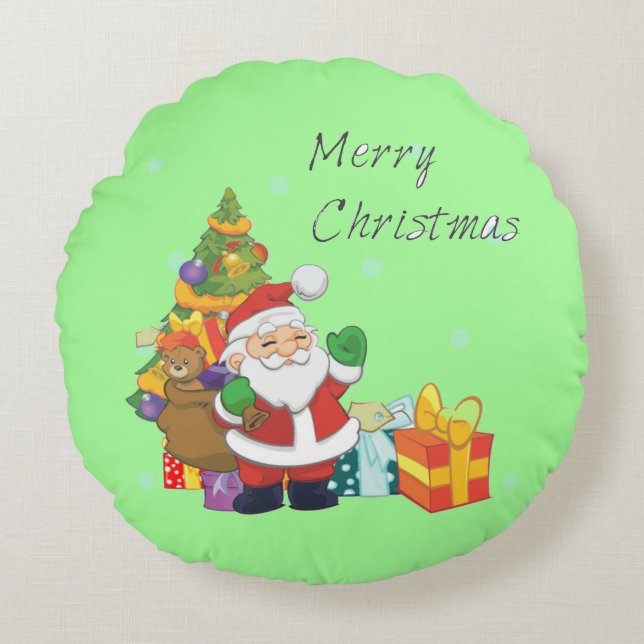 Christmas tree and Santa Merry Christmas green Round Pillow (Front)