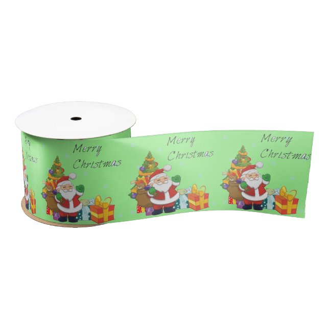 Christmas tree and Santa Merry Christmas green Satin Ribbon (Spool)