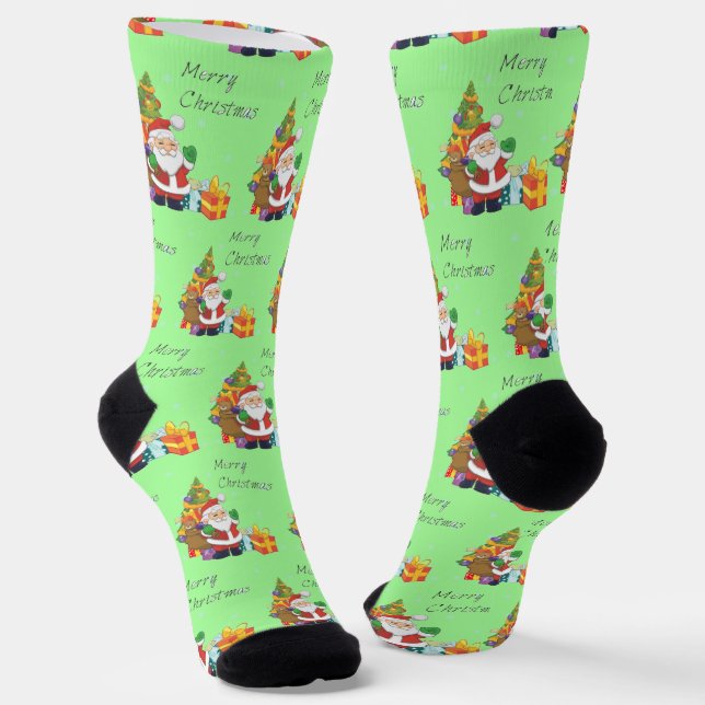 Christmas tree and Santa Merry Christmas green Socks (Angled)