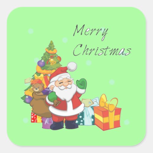 Christmas tree and Santa Merry Christmas green Square Sticker