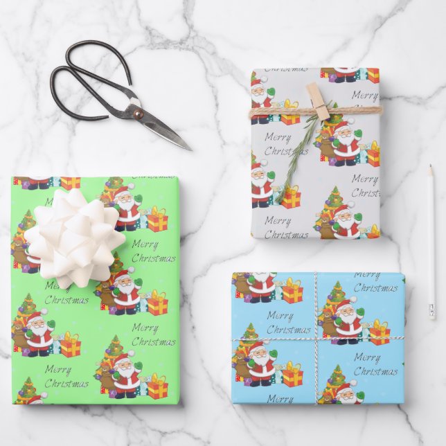 Christmas tree and Santa Merry Christmas Wrapping Paper Sheets (Front)