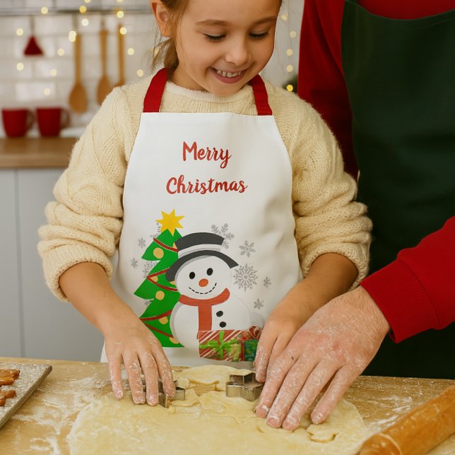 Christmas Tree and Snowman Kids Holiday  Apron (Cute kids snowman apron for baking Christmas cookies with Dad )