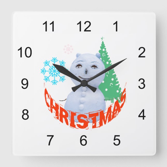 Christmas Tree And Snowman Square Wall Clock (Front)