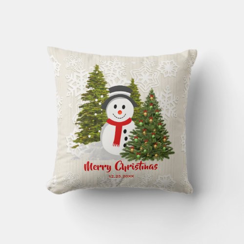 Christmas Tree and Snowman Winter Holiday Throw Pillow