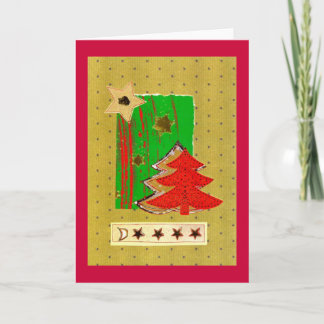 Christmas tree and stars modern in red gold green holiday card