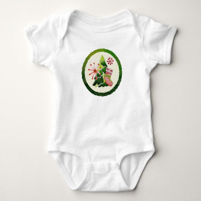 Christmas Tree and Stocking Whimsey Baby Bodysuit (Front)