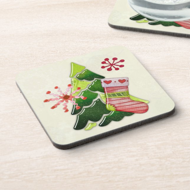 Christmas Tree and Stocking Whimsey Beverage Coaster (Left Side)