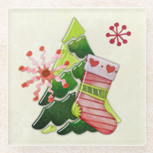 Christmas Tree and Stocking Whimsey Glass Coaster