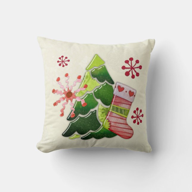Christmas Tree and Stocking Whimsey Throw Pillow (Front)
