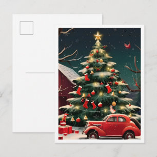 Christmas Tree and Vintage Car Postcard