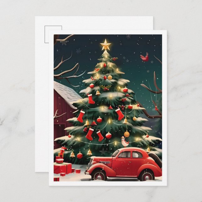 Christmas Tree and Vintage Car Postcard (Front/Back)