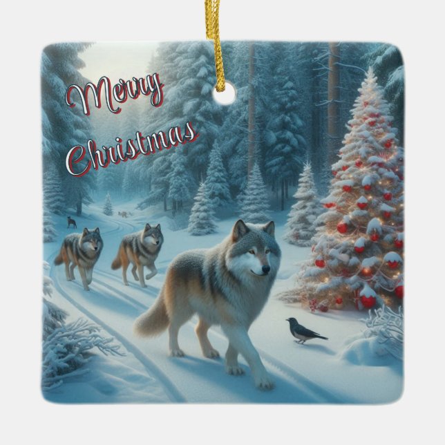Christmas Tree and Wolves in Snow Ornament (Front)