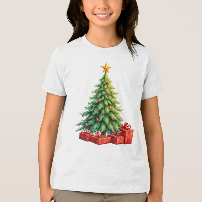 Christmas Tree and Wrapped Presents Tri-Blend Shirt (Front)