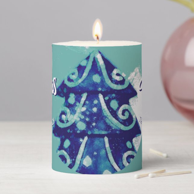 Christmas Tree Artistic Blue Merry Script Family Pillar Candle (In Situ)