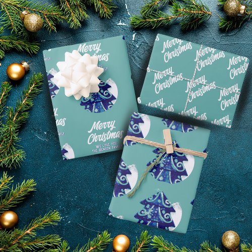 Christmas Tree Artistic Blue Merry Script Wrapping Paper Sheets