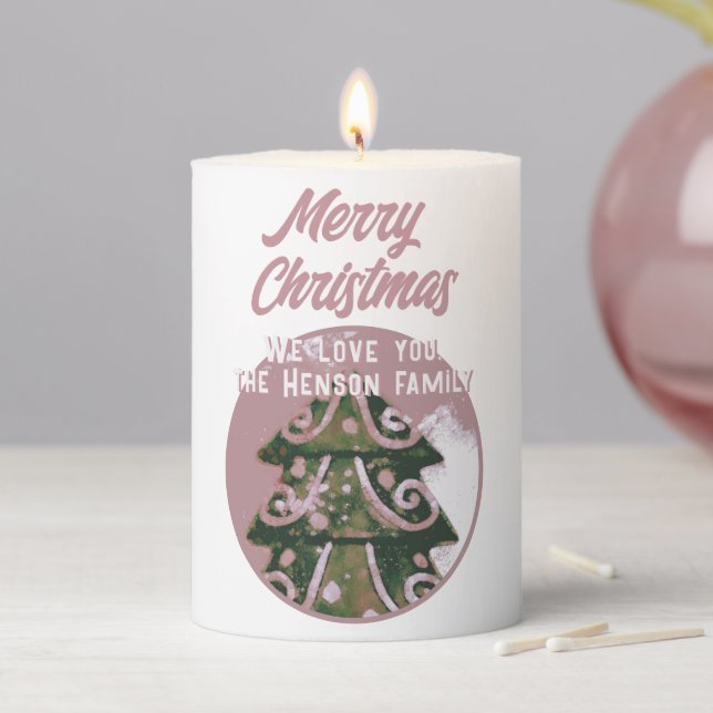 Christmas Tree Artistic Green Pink Merry Script Pillar Candle (In Situ)