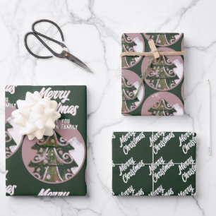 Christmas Tree Artistic Green Pink Merry Script Wrapping Paper Sheets
